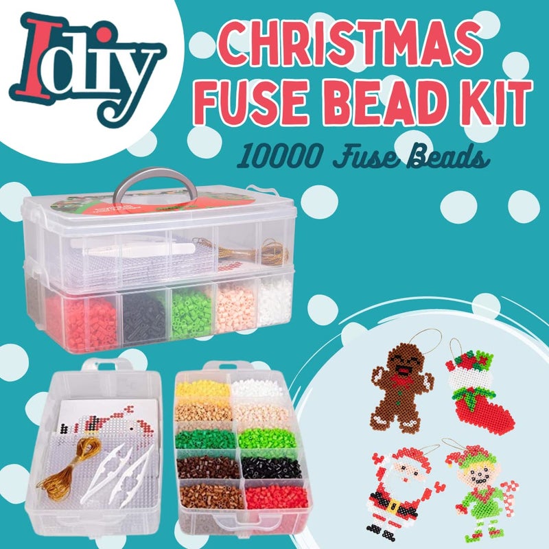 SCS Direct 10,000-Piece Holiday Fuse Bead Kit for DIY Xmas Ornaments - 8 Unique Christmas Designs w Peg Boards, Tweezers, Ironing Papers - Great for Homemade Ornaments, Holiday Classroom Parties Family Activity - Image 2